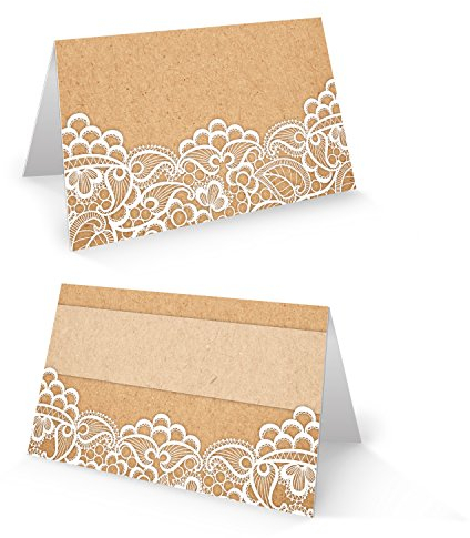 Logbuch-Verlag 50 Tischkarten braun beige weiß Kraftpapier Spitze Motiv - Tischdeko Tischordnung Hochzeit Geburtstag - Platzkarten für Gäste