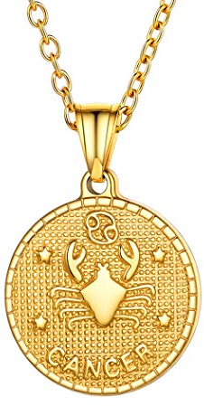 Suplight Damen Collier 18k vergoldet Runde Anhänger mit Sternzeichen Krebs 50+5cm Rolokette Tierkreis Sternbilder Retro-Stil Münzen Kette Horoskop Modeschmuck Accessoire für Mädchen Jungen