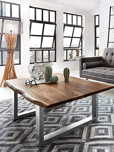 SAM Couchtisch 120x80 cm Quarto, Akazie nussbaum, echte Baumkante, massiver Sofatisch aus Akazienholz, Metallbeine Silber, Baumkantentisch