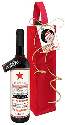 STEINBECK Wein - Fröhliche Weihnachten - trockener Rotwein aus Spanien 100% Tempranillo in Flaschentasche Mitbringsel mit Spruch als Geschenk zum Weihnachtsessen