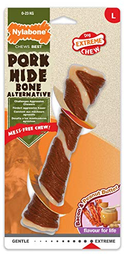 Nylabone Extrem Robustes Kauspielzeug für Hunde, Schweinefleisch, Knochen, Speck- und Erdnussbutter, geruchsfrei, L, für Hunde bis 23 kg – L