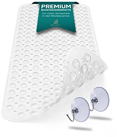 Delluxia Badewannenmatte rutschfest 100 x 40 cm inkl. 2 Haken, Antirutschmatte Badewanne Badematte rutschfest Duschmatte rutschfest, BPA frei