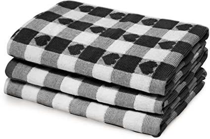 La Maison Pack of 3 Hearts Check Woven Tea Towel Large Super Absorbent 100% Cotton Kitchen Towels (Black)