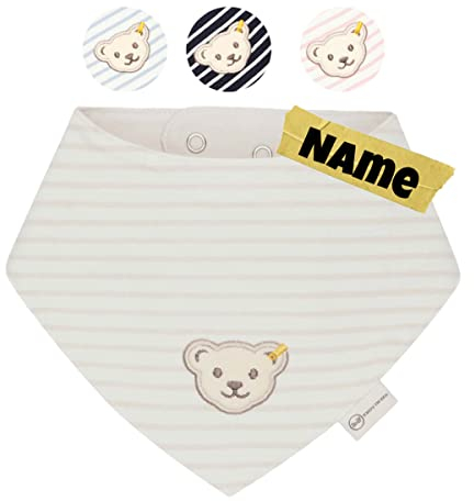 Steiff Baby Halstuch mit Name | BIO Baumwolle | Steiff personalisiert Dreieckstuch | 0-4 Jahre | Druckknopf | Halstuch Baby Geschenke (Streifen wind chime weiß)