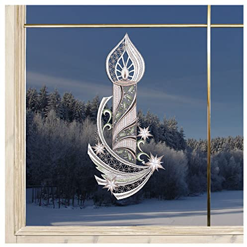 Weihnachts-Fensterbild Kerze mit Sternenschweif Pastell | Fenster-Deko Plauener Spitze & Lurex-Stickerei | Dezente Schönheit & hochwertiger Advents- & Weihnachtsschmuck für festliche Fenster 35x17 cm