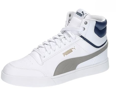 PUMA Unisex Shuffle Mid Sneaker, White Concrete Gray Persian Blue Gold, 44 EU