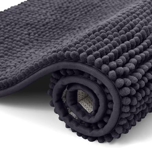 smiry Non Slip Chenille Bath Mat, 50 x 80 cm, Extra Soft Bathroom Mat, Super Absorbent Fluffy Bath Mats for Bathroom Floor, Machine-Washable Dry Bath Rug Foot Mat, Dark Grey