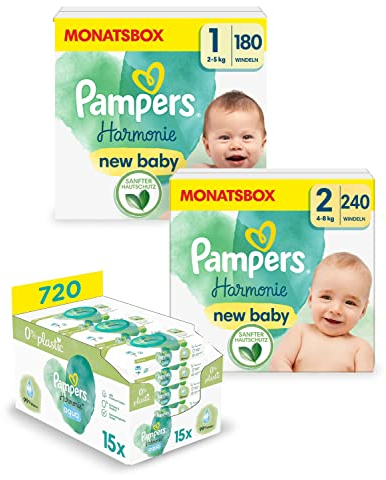 Pampers Harmonie Aqua Baby Set mit Windeln Größe 1 (2-5kg, 180 Stück), Größe 2 (4-8kg, 240 Stück) HALBMONATSBOX, und Aqua Baby Feuchttücher, 720 Tücher (15 x 48), Baby Erstausstattung