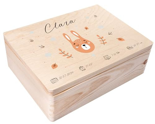 Creative Deco Erinnerungsbox Baby Personalisierte mit Namen - Hase Pastell | Individuelle Erinnerungskiste Geschenk zur Geburt für Mädchen und Jungen | Holzkiste mit Deckel | Farbdruck