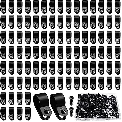 VooGenzek 80 Piezas 13.2mm (1/2 Pulgada) Clips de Cable de Nailon Tipo R, Abrazaderas de Cable Tipo R con 80 Piezas de Tornillos, para Gestión de Cables (Negro)
