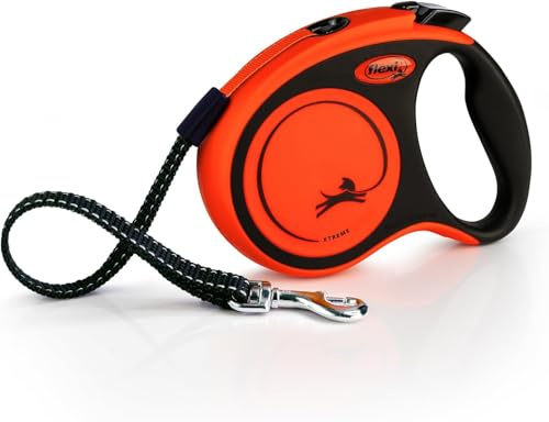 FLEXI® Xtreme S - Extra robuste einziehbare Leine mit 4,8 m extra starkem Band | Schutzgürtel mit reflektierenden Komponenten | Griffverstellung | Orange/Schwarz