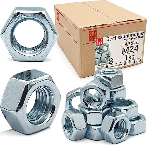Sechskantmutter M24-1 Kg (ca.10 Stk.) Festigkeit 8 Verzinkter Stahl, Regelgewinde DIN 934 Muttern für Schrauben, Metrisches Mutter für Gewindebolzen, Sechskantmuttern für Gewindestangen
