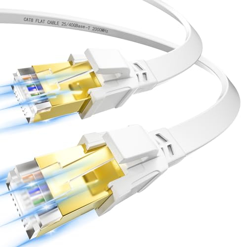 Cable Ethernet 3 metros, Cat 8 RJ45 Cable de Red 3m Alta Velocidad FTP Blindado Cable LAN Plano 40Gbps 2000MHz Blanco Gigabit Cable Internet de Conexión para Router Modem Switch