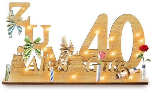 Johiux Geschenke zum 40 Geburtstag Frau Mann,Geldgeschenke Geburtstag 40 Alles Gute zum mit LED Lichterkette Ständer,Holz 40.Geburtstag Deko,Coole Geschenkideen zum 40. Geburtstag Tischdeko.