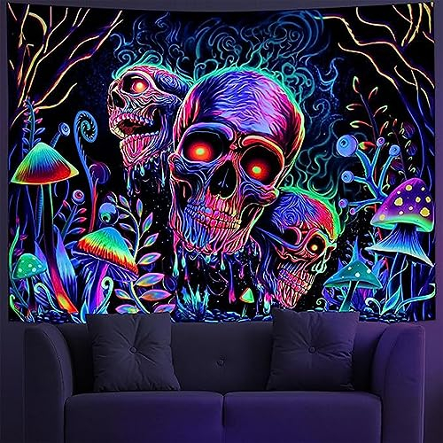 Brrnoo Schwarzlicht Totenkopf Wandteppich, UV reaktiver Totenkopf Wandteppich, Dekorativer, Farbenfroher, Geheimnisvoller, Handgefertigter Schwarzlicht Wandteppich mit Zubehör (150 x