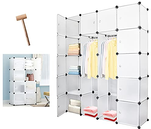 Eulenke Steckregal Kleiderschrank: 20 Würfel Regalsystem aus robustem Kunststoff in Weiß, 2 Kleiderstangen, 12 Türen & Garderobe