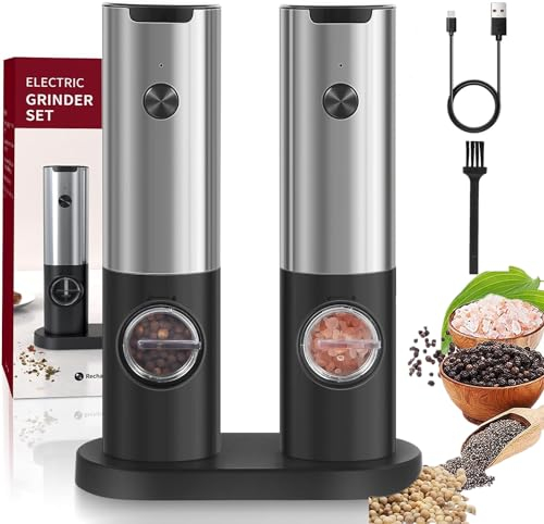 Electric Salt and Pepper Grinder Set with Rechargeable Base, Electric Pepper Mill Set with LED Light& Adjustable Coarseness, Stainless Steel Salt Grinder with Cleaning Brush
