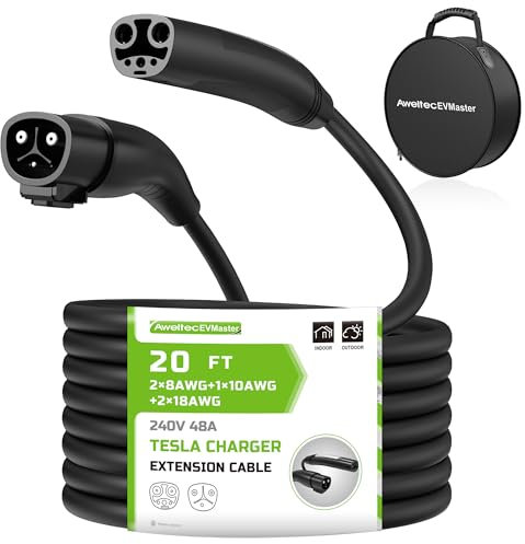 EV Tesla Charger Extension Cable, 20ft 48Amp 240Volt Max 11.5kW with NACS Plug, Extension Cord for Level 1/2 Tesla Mobile Charger/Wall Connector, Extension Cord for Model X/Y/3/S, CE/FCC Certificated