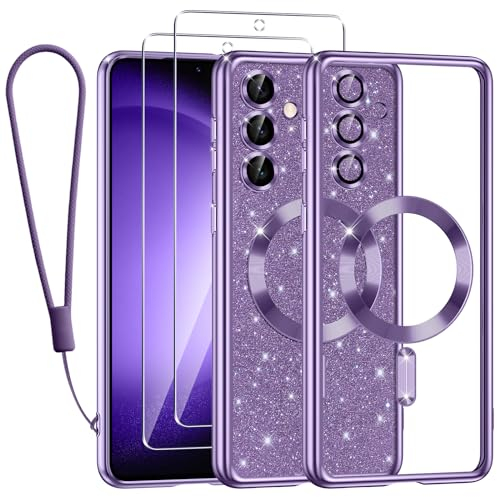 Kokio für Samsung Galaxy S23 FE 5G Hülle Mit Glitzer Karte,[Kompatibel mit MagSafe],Mit 2*Schutzfolie und 1*Handykette,Kamera Objektivschutz,Flash Handyhülle für Frauen Mädchen,Lila