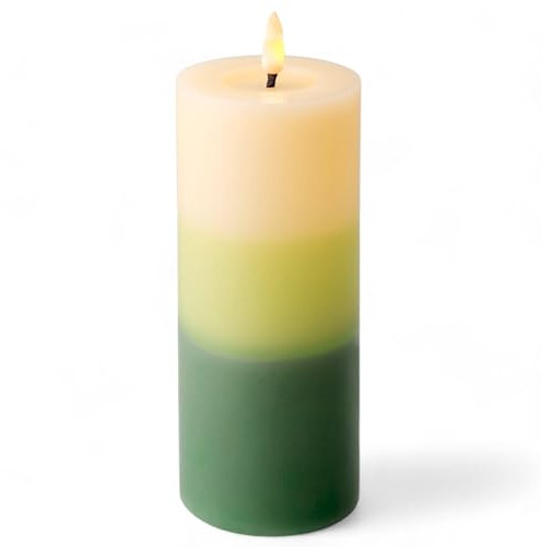 MIJOMA LED-Echtwachskerze mit realistischer Flamme, Timer und batteriebetrieb | Indoor LED-Kerze mit warmweißem Licht | Natürliche Optik (Creme/Grün - glatte Oberfläche, Ø7cm x 17,5cm)