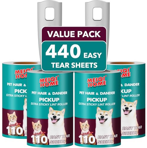 MEIQIHOME Lint Rollers for Pet Hair Extra Sticky, 440 Sheets Value Set Lint Roller with 2 Upgraded Handles, 4 Rollers Portable Pet Lint Remover for Clothes, Furniture, Carpet, Dog & Cat Hair Removal