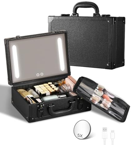 Luxspire Kosmetiktasche mit LED Spiegel, Tragbar Schminkkoffer Organizer mit verstellbaren Trennwänden, Make up Tasche Schminktasche Groß für Kosmetiker, Make-up-Pinsel, Zubehör, Werkzeuge - Schwarz