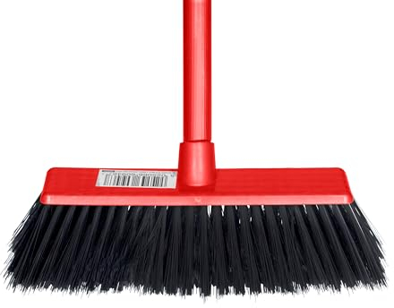 HOMESHOPA Indoor Broom Soft Bristle Sweeping Brush with Handle, Red Long Handled Floor Scrubbing Brush Broom for Kitchen, Bathroom, Household Cleaning