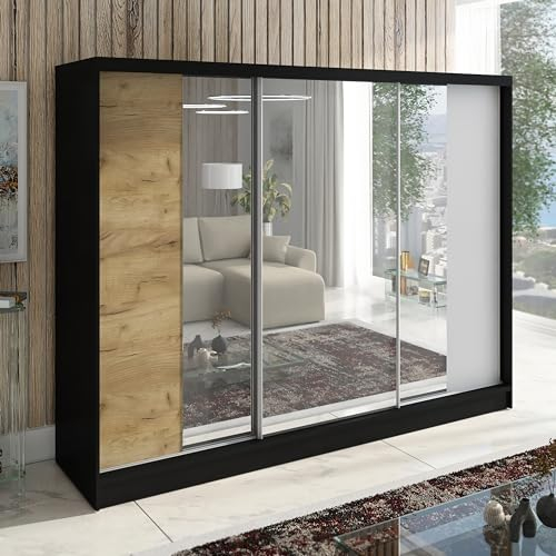 A&J MöbelLand Schwebetürenschrank VIDA, 3-türig Kleiderschrank 200cm mit 4 Schubladen, und Spiegel, Garderobe 200 cm (Schwarz/Eiche Kraft Gold/weiß)