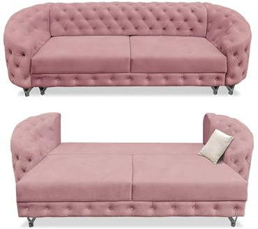 SILKMARKS® Chesterfield Sofa mit Schlaffunktion - 3-Sitzer Sofa - Premium Komfort - Wasserabweisender und kratzfester Samt - Couch mit extra Stauraum - Elegantes Design (Rosa)