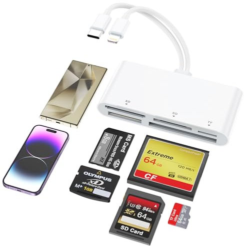 Card Reader Lettore di schede multiple 5-in-1 USB-C + Lightning per SD, TF, XD, CF, MS - Hub adattatore di schede di memoria per iPhone, iPad, MacBook, Android, Windows, Mac OS, Linux