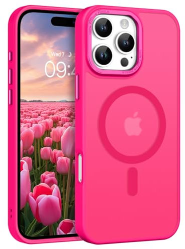 DOMAVER Magnétique Coque iPhone 16 Pro Max, Compatible avec Magsafe, Etui iPhone 16 Pro Max Translucide Mat, Housse Fine Antichoc, Rose Fluo