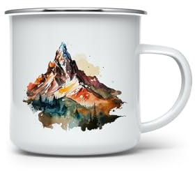 MAXIKIWI - Durable Enamel Coffee or Tea Camping Mug for Indoor Outdoor Use - Watercolor Mountain - 350ml