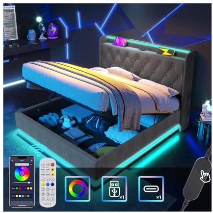 Letto Matrimoniale con Contenitore 180x200 cm con LED e USB Type C e APP, Letto una piazza e mezza con Vano Portaoggetti e Testiera, Letto Contenitore con rete a doghe, Struttura Letto Matrimoniale