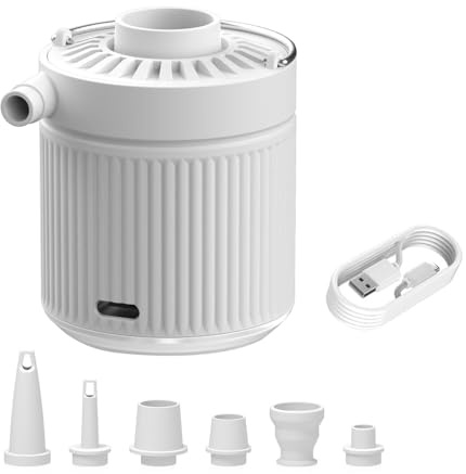 Sarini Mini-Luftpumpe, tragbar, wiederaufladbar, USB, kleine Reise-Luftpumpe mit Beleuchtung, winzige kleine Pumpe für Camping, Schwimmringe, Bett, Pool (weiß)