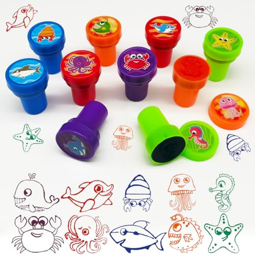 QIMMU Kinderstempel 10 Stück, Ozean, Multi-Color, Kunststoff, Rund, für Kindergeburtstag, Klassenzimmer