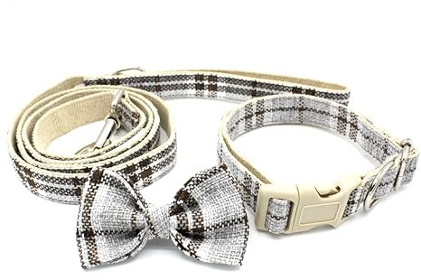 Paulde Hundehalsband & Leine Set mit Fliege, Stilvolles Design für Alltag und Festliche Anlässe, Leicht und Atmungsaktiv (Grau kariert, S (Halsband: 25-40 cm, Leine: 120 cm))