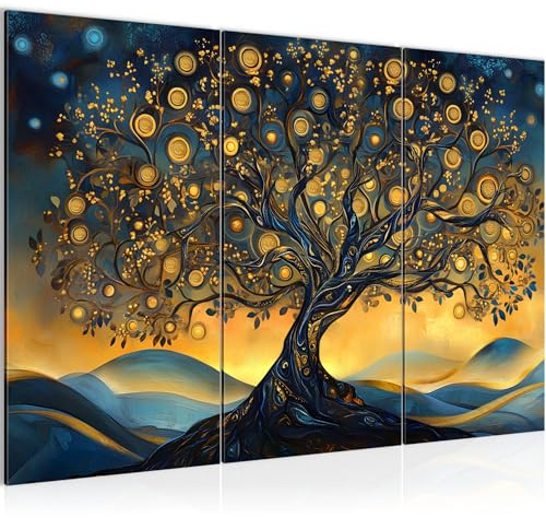 Runa Art Arbre de la vie Peinture Tableau Salon chambre XXL Orange Bleu Abstrait 120 x 80 cm 3 Parties Decoration Murale 054531a