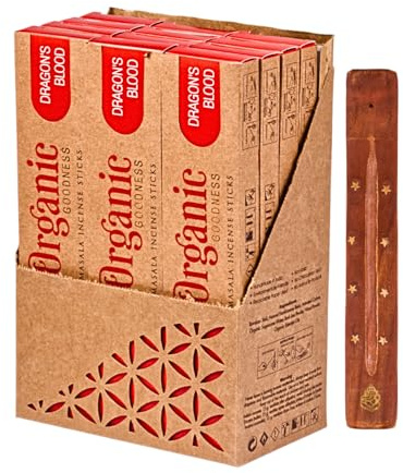 Organic Masala Indische Räucherstäbchen - 12 x Dragons Blood - Big Box mit Räucherstäbchenhalter aus Holz und Duftproben - Song of India