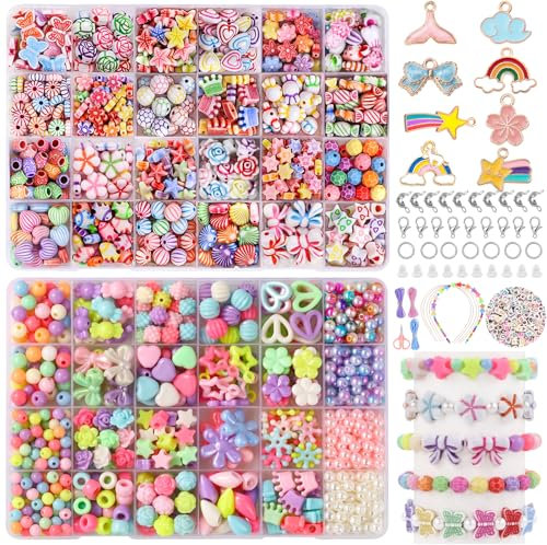 DTYDECLE Perlen zum Auffädeln Kinder Schmuck, DIY Bastelnperlen Set Armbänder selber Machen Halsketten für Mädchen Kunsthandwerk Geburstagsgeschenk