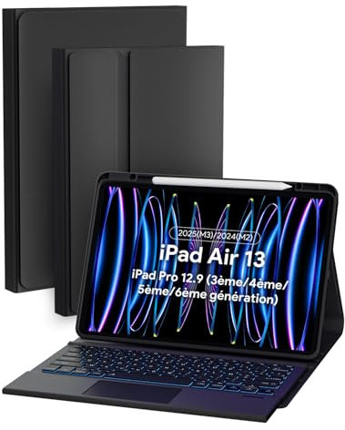 Doohoeek Etui avec Clavier pour iPad Air 13 2025(M3)/2024(M2), iPad Pro 3e/4e/5e/6e génération 12,9 Pouces, Bluetooth sans Fil rétroéclairé Folio Clavier Amovible avec trackpad Multi-Tactile, AZERTY