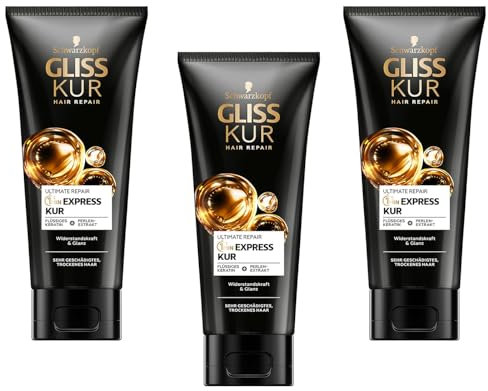 3x Gliss Kur 1-Minute Express Kur Ultimate Repair Haarkur mit Keratin für extrem geschädigtes Haar, schon nach 1 Minute wirksam,200ml (3er Pack)