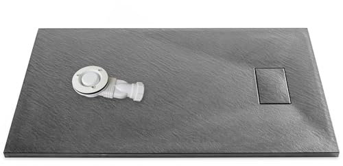 1200x800mm Dark Grey SMC Slate Stone Shower Tray & Dark Grey Drain Cover with Low Profile Waste