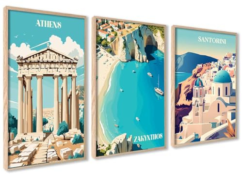 ag.art deco® 3er Set Poster Ohne Rahmen Wanddeko Wohnzimmer Modernes Design | Greece Vacation 50x70 blau weiß Griechenland Strand Bilder Zakynthos Santorini für Schlafzimmer Wohnzimmer Bilder, Flur
