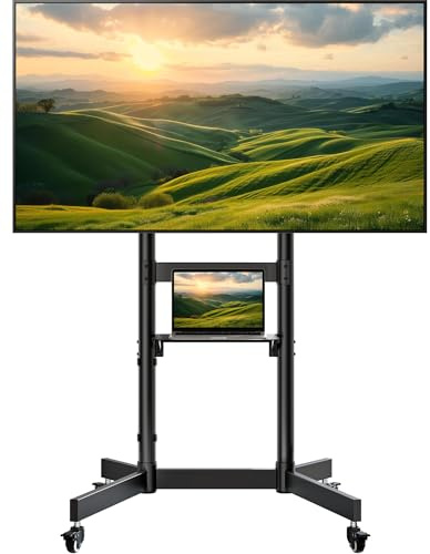 ECOTINY Support TV Mobile Robuste pour téléviseur de 55 à 100 | Charge maximale : 75 kg, Avec compartiment de rangement et roulettes verrouillables, Montage au sol, VESA max. 800 x 600 mm