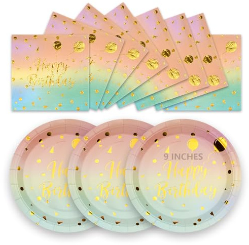 LAWALEISHE 50Pcs Happy Birthday Paper Plates and Napkins, 9 Blue Pink Disposable Plates for Parties, Paper Dessert Cake Plates, Strong Party Tableware Set 25 Guests for Birthday Decorations