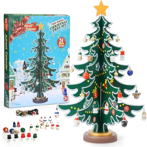 LATERN Adventskalender 2025, 24 Tage Weihnachts Countdown Kalender mit Hölzernem Tisch-Weihnachtsbaum und 36 Weihnachtskugeln für Kinder Feiertags Dekoration Weihnachts Party Gastgeschenke