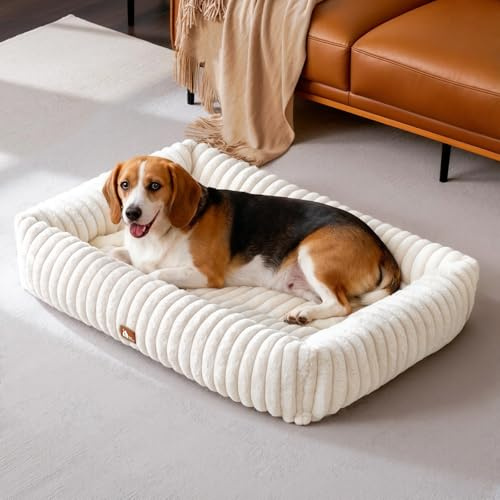 Upvilla Luxus Hundebett,4-seitiges Hundesofa,waschbarer Hundekorb,L Beige | Superweicher Kaninchen-Kunstfell-Bezug, dick aufgefüllte Stützpolsterung, integrierter Tragegriff, Großtierbett, Katzenbett