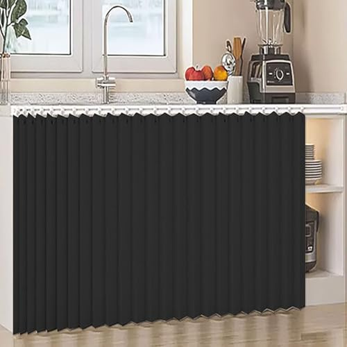 Generisch Staubdichte VorhäNge für Offenes Regal Leinenmaterial Wasserdicht, Schrankvorhang für Küche Vorhang mit Gleitschiene Schrank Vorhang zum Schieben - Selbstklebend,Schwarz,W50cm/H80cm