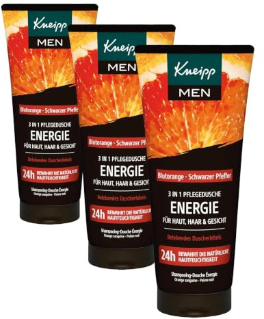 Kneipp MEN 3 in 1 Pflegedusche Energie - Duschgel für Männer - Für Haut, Haar & Gesicht - Mit natürlichem ätherischem Blutorangenöl und dem Extrakt aus schwarzem Pfeffer - 200 ml (Packung mit 3)