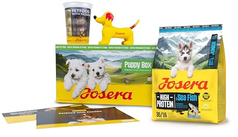 JOSERA Puppy Box | High Protein Seefisch (6-TLG.) für Hundewelpen | Willkommenspaket mit glutenfreiem Trockenfutter, Spielzeug & Meßbecher | Für Welpen aktiver Rassen ab der 6. Lebenswoche